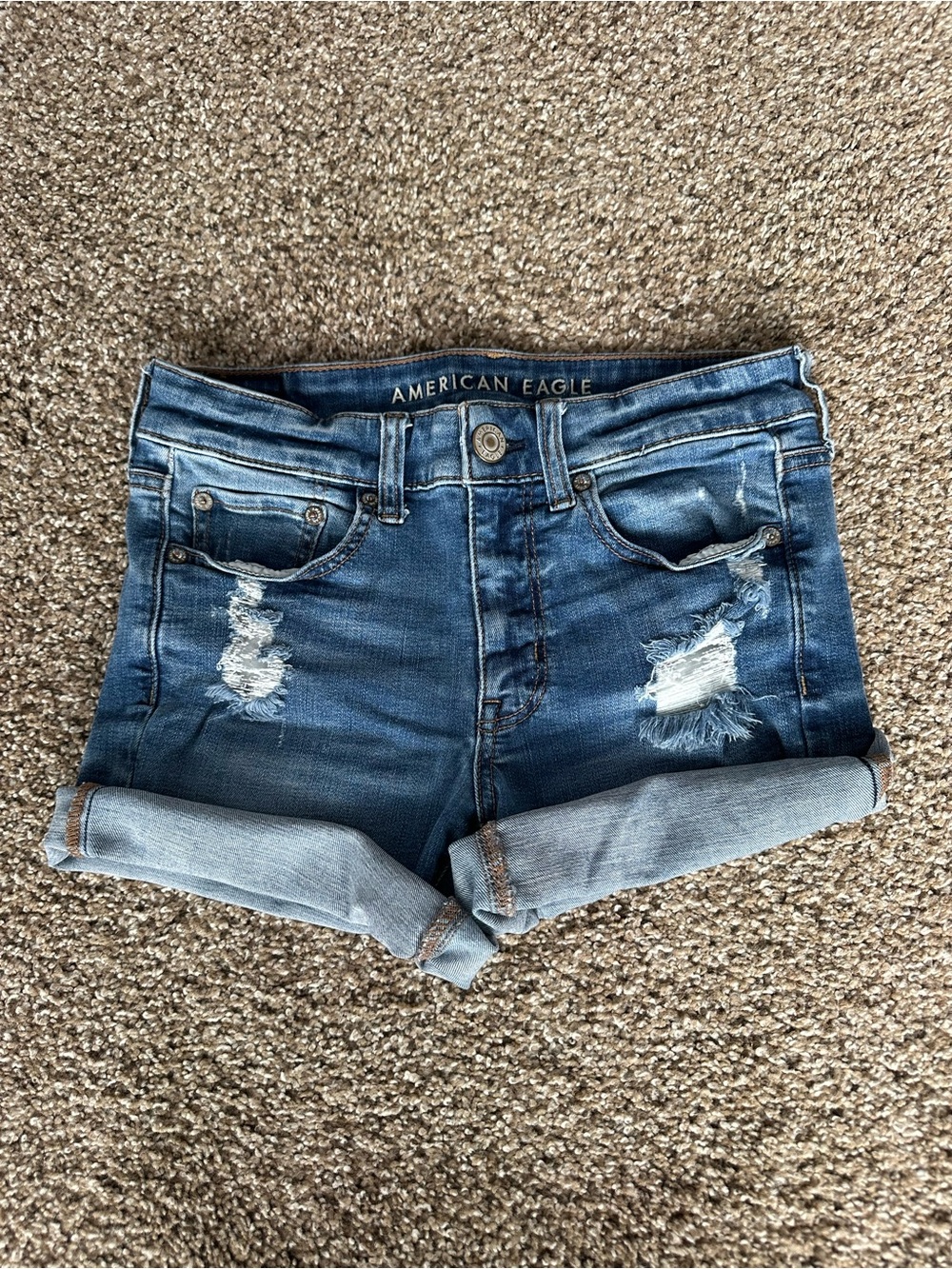 American Eagle Outfitters Blue Distressed Rolled-Hem Jean Shorts